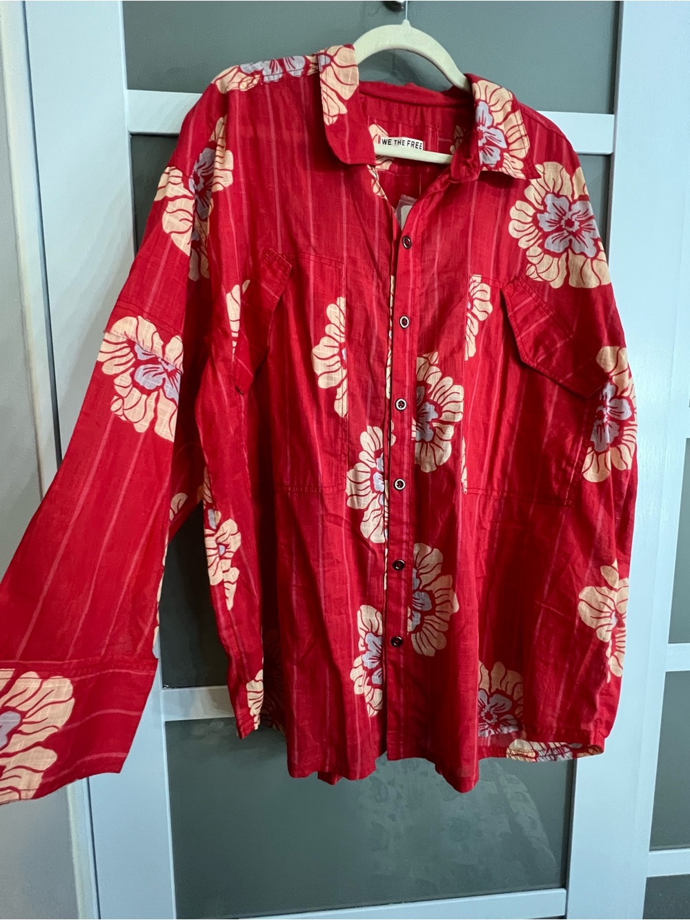 We The Free Red Hidden Flower Camo Button-Down Shirt with Cream Blooms